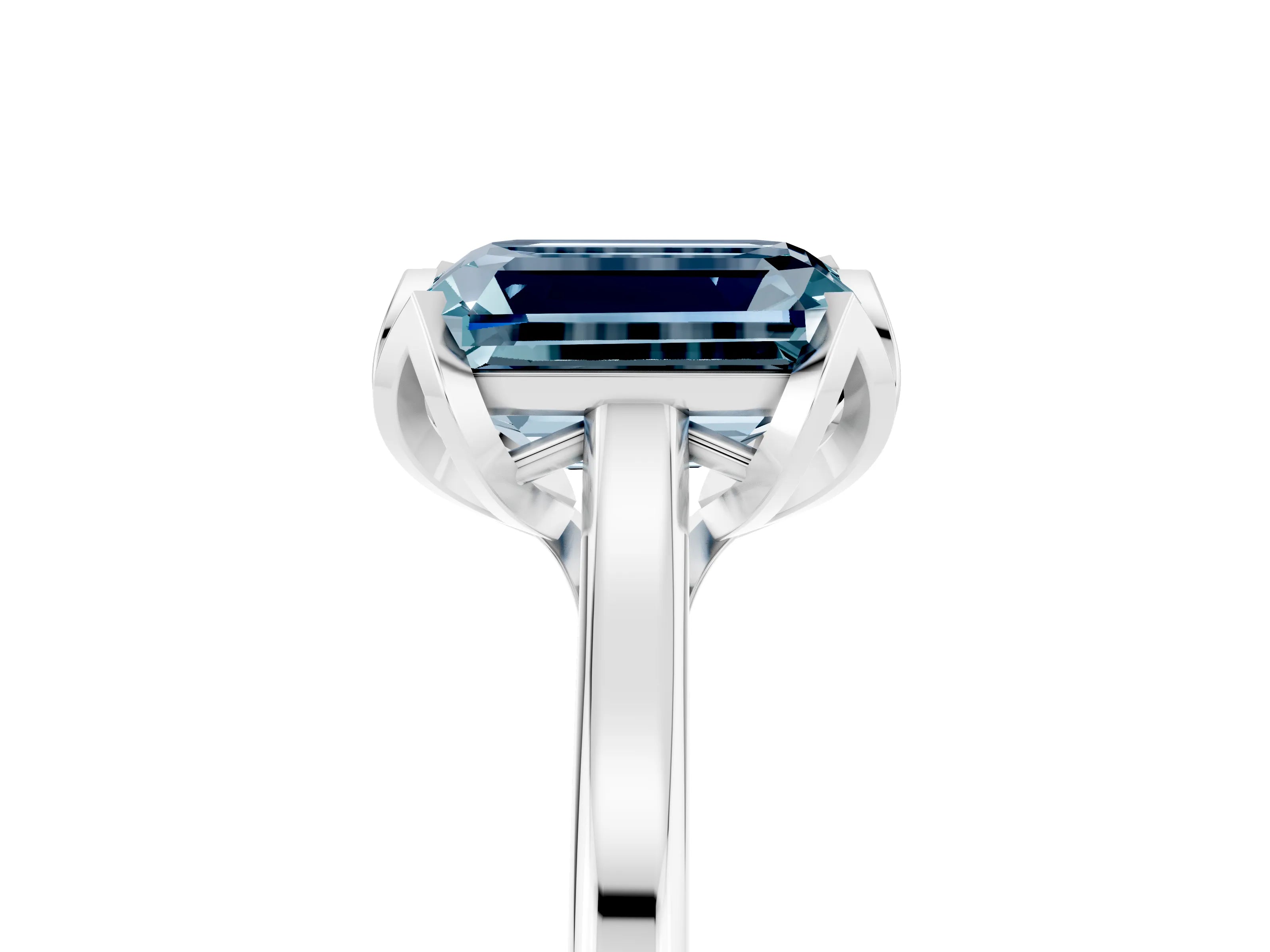 White gold Emerald Cut Aquamarine Solitaire Ring with Flower Prong Setting and Classic Band_17