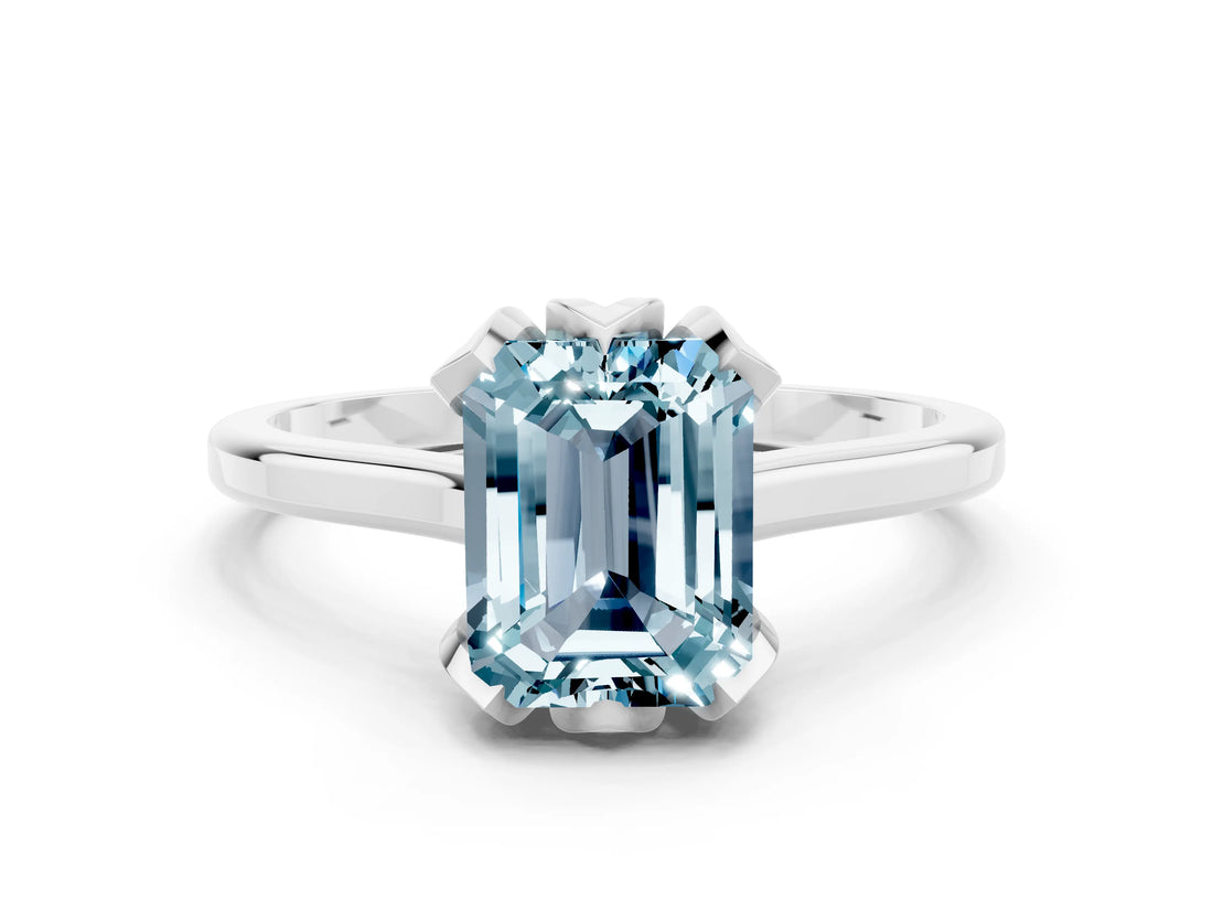 White gold Emerald Cut Aquamarine Solitaire Ring with Flower Prong Setting and Classic Band_49