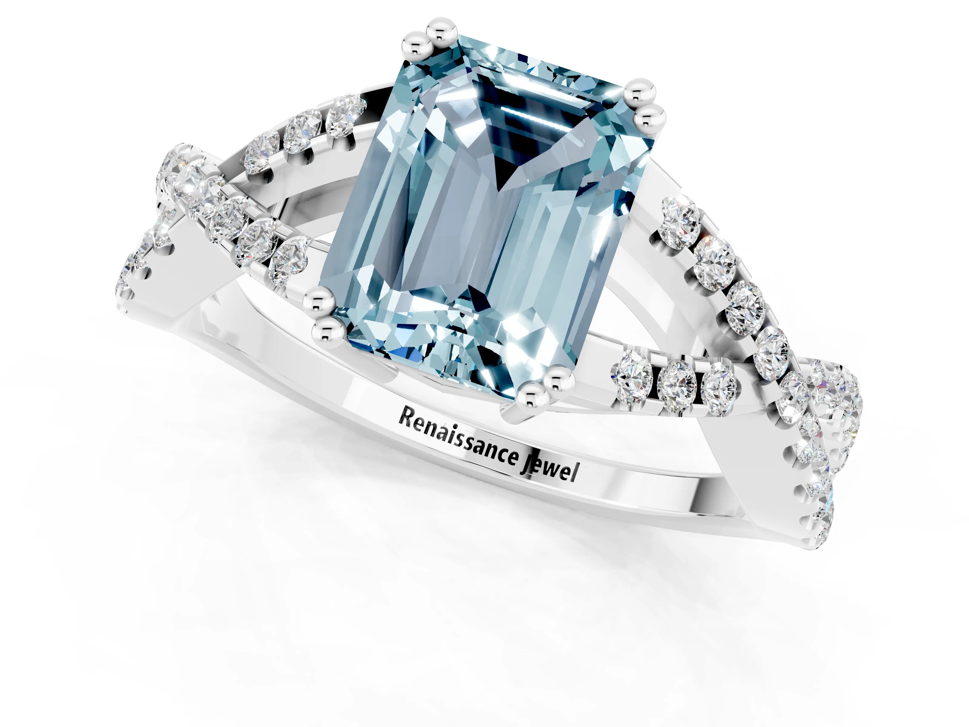 White gold Emerald Cut Aquamarine Solitaire Ring with Four-Prong Setting and Twisted Pavé Band_1
