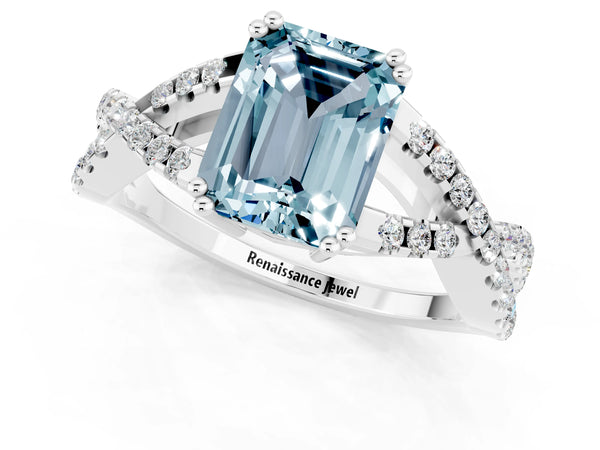Silver Emerald Cut Aquamarine Solitaire Ring with Four-Prong Setting and Twisted Pavé Band