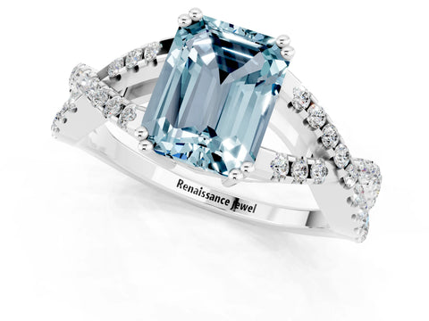 White gold Emerald Cut Aquamarine Solitaire Ring with Four-Prong Setting and Twisted Pavé Band_1