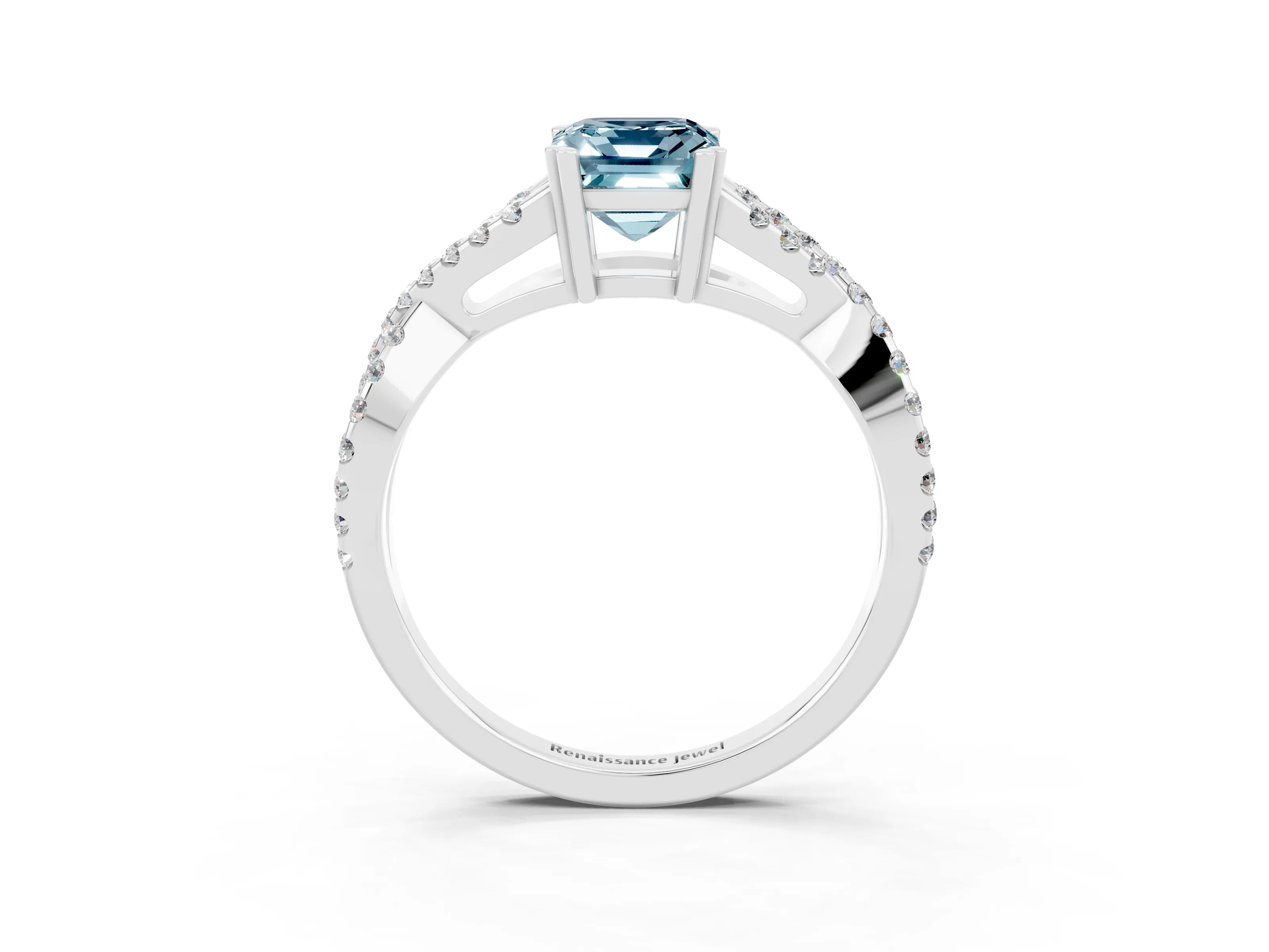 White gold Emerald Cut Aquamarine Solitaire Ring with Four-Prong Setting and Twisted Pavé Band_3
