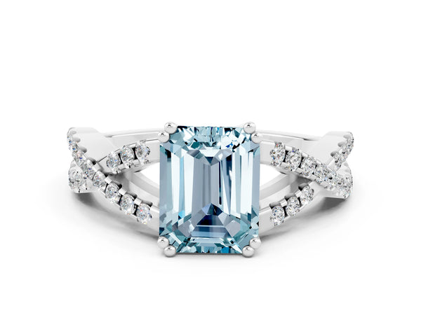 Silver Emerald Cut Aquamarine Solitaire Ring with Four-Prong Setting and Twisted Pavé Band
