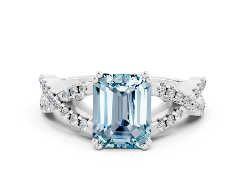 White gold Emerald Cut Aquamarine Solitaire Ring with Four-Prong Setting and Twisted Pavé Band