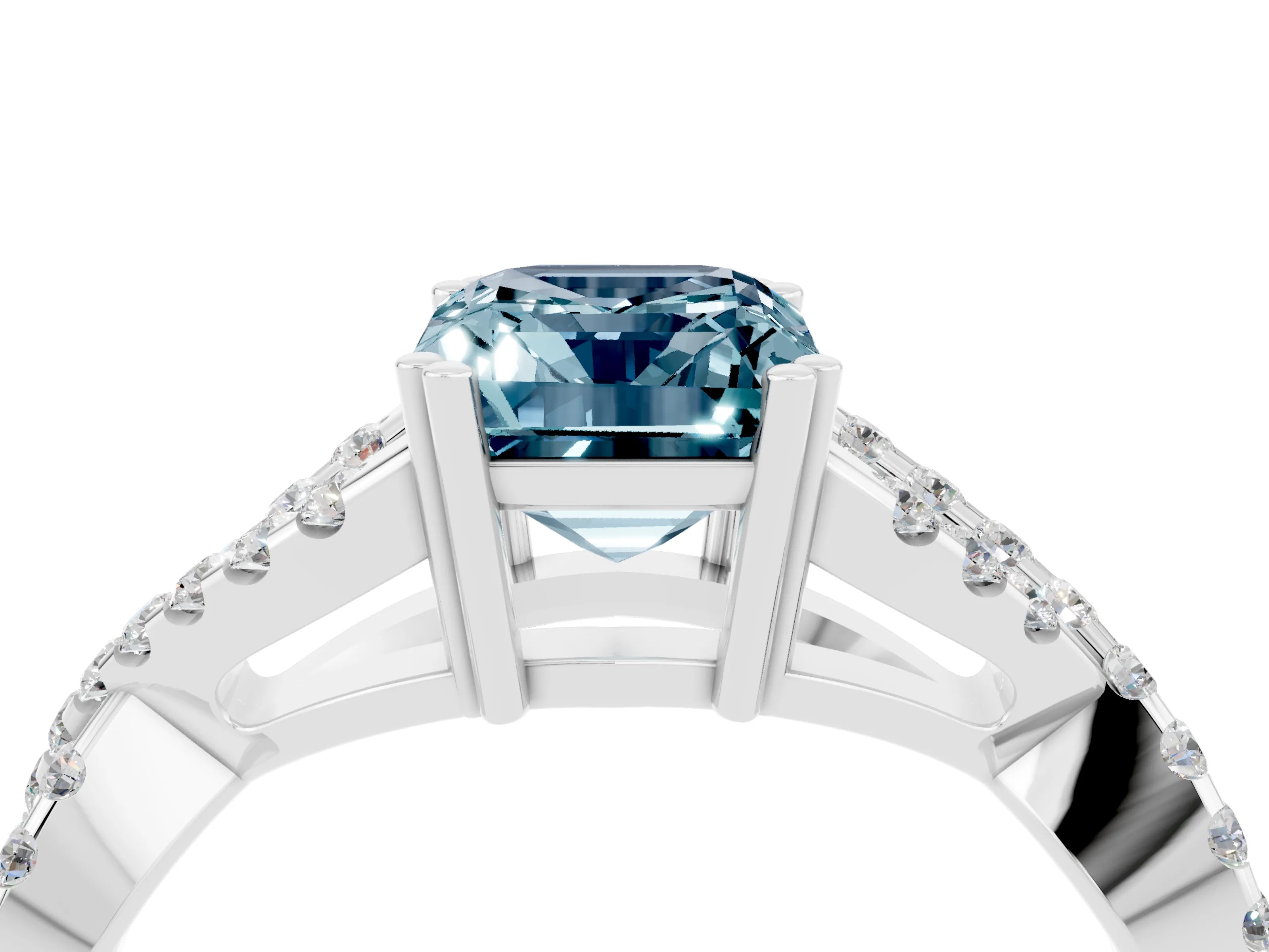White gold Emerald Cut Aquamarine Solitaire Ring with Four-Prong Setting and Twisted Pavé Band_4