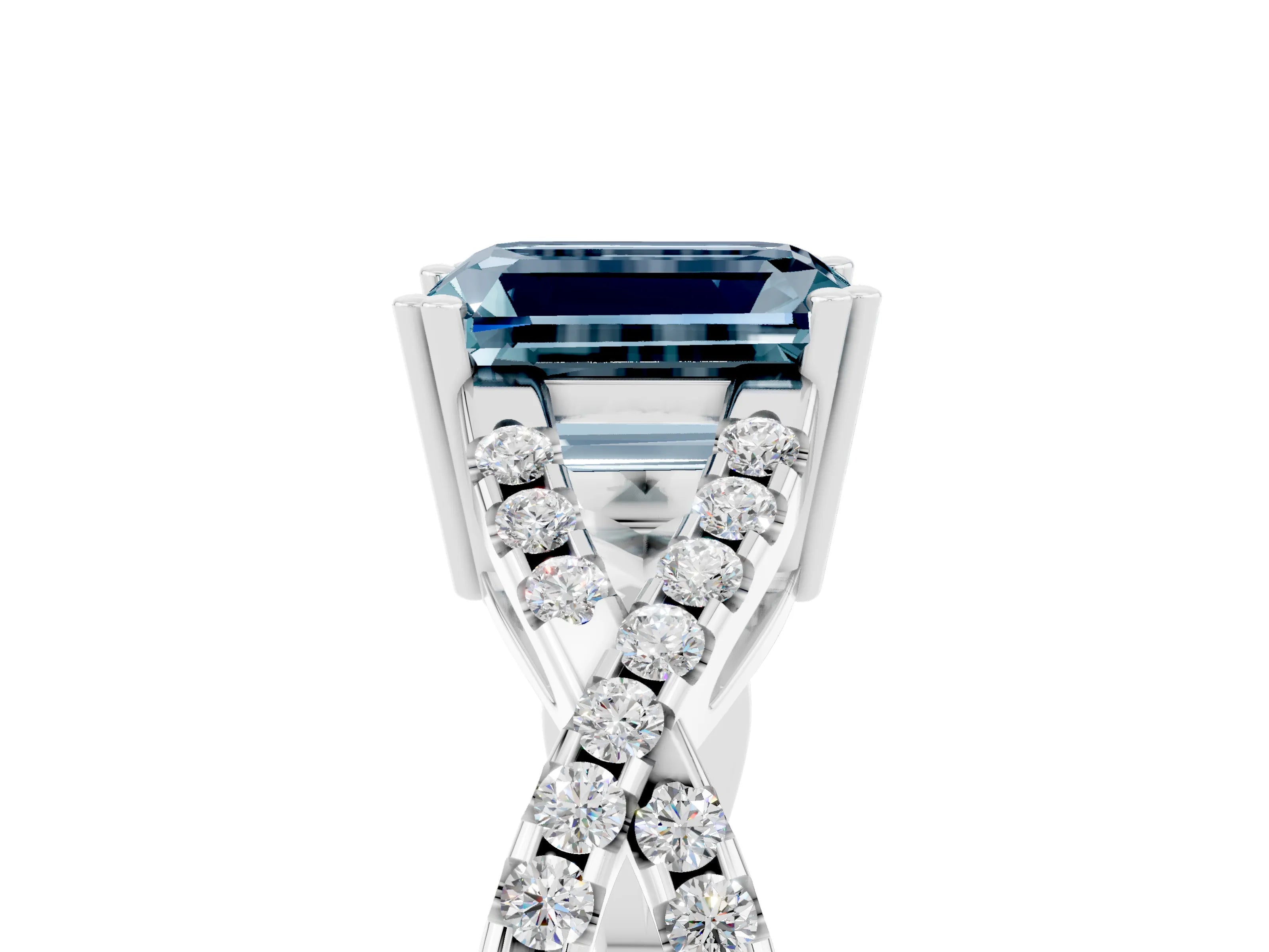 White gold Emerald Cut Aquamarine Solitaire Ring with Four-Prong Setting and Twisted Pavé Band_5