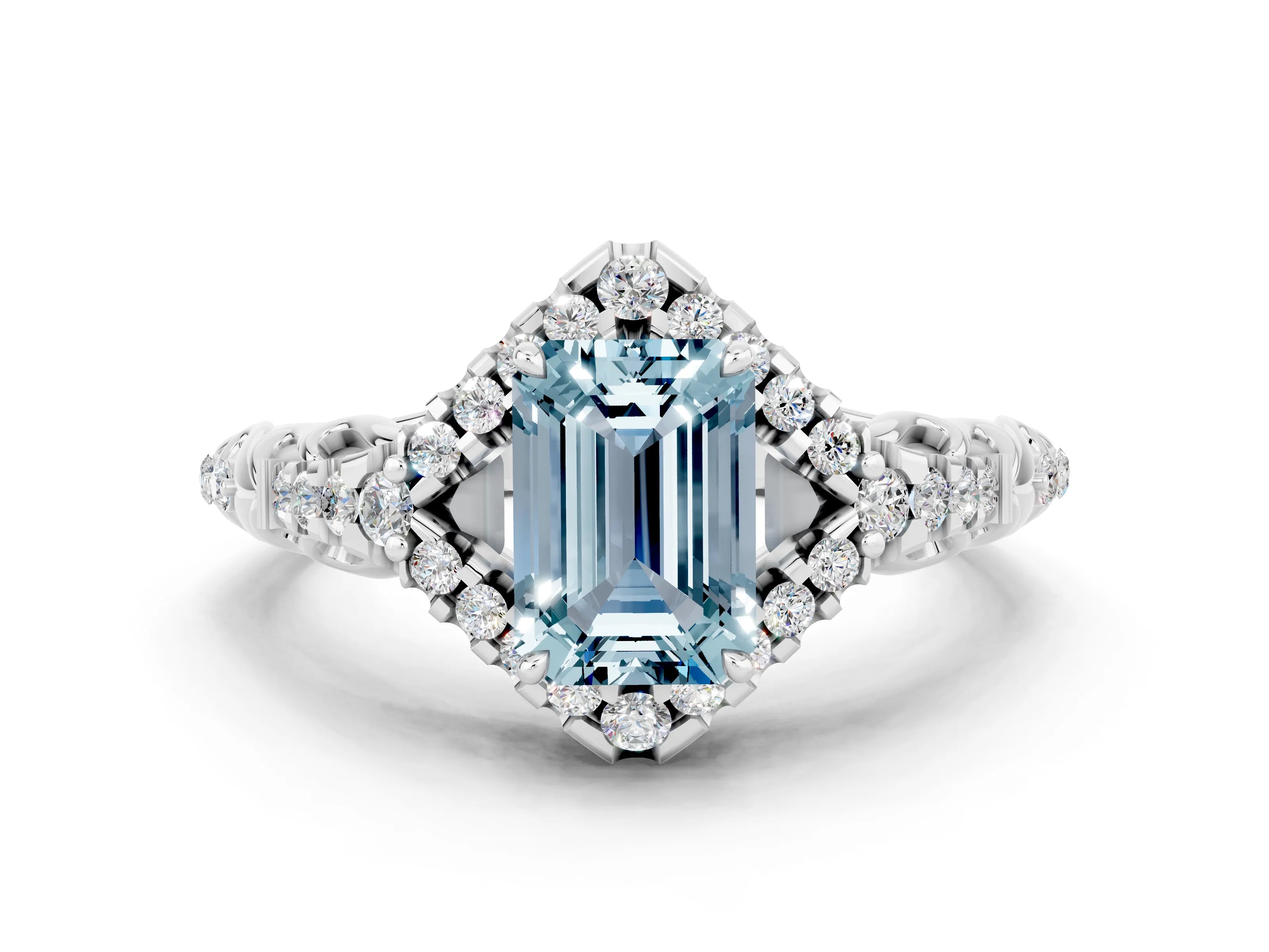 White gold Emerald Cut Aquamarine Solitaire Ring with Hidden Halo and Pavé Band_12