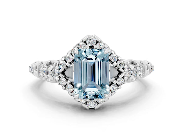 White gold Emerald Cut Aquamarine Solitaire Ring with Hidden Halo and Pavé Band