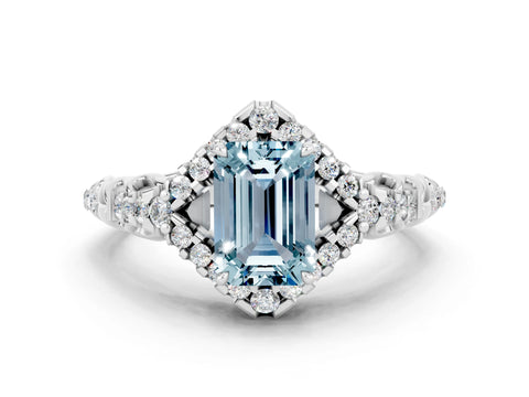 White gold Emerald Cut Aquamarine Solitaire Ring with Hidden Halo and Pavé Band_12