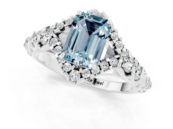 White gold Emerald Cut Aquamarine Solitaire Ring with Hidden Halo and Pavé Band