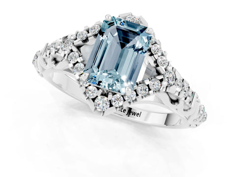 White gold Emerald Cut Aquamarine Solitaire Ring with Hidden Halo and Pavé Band_13