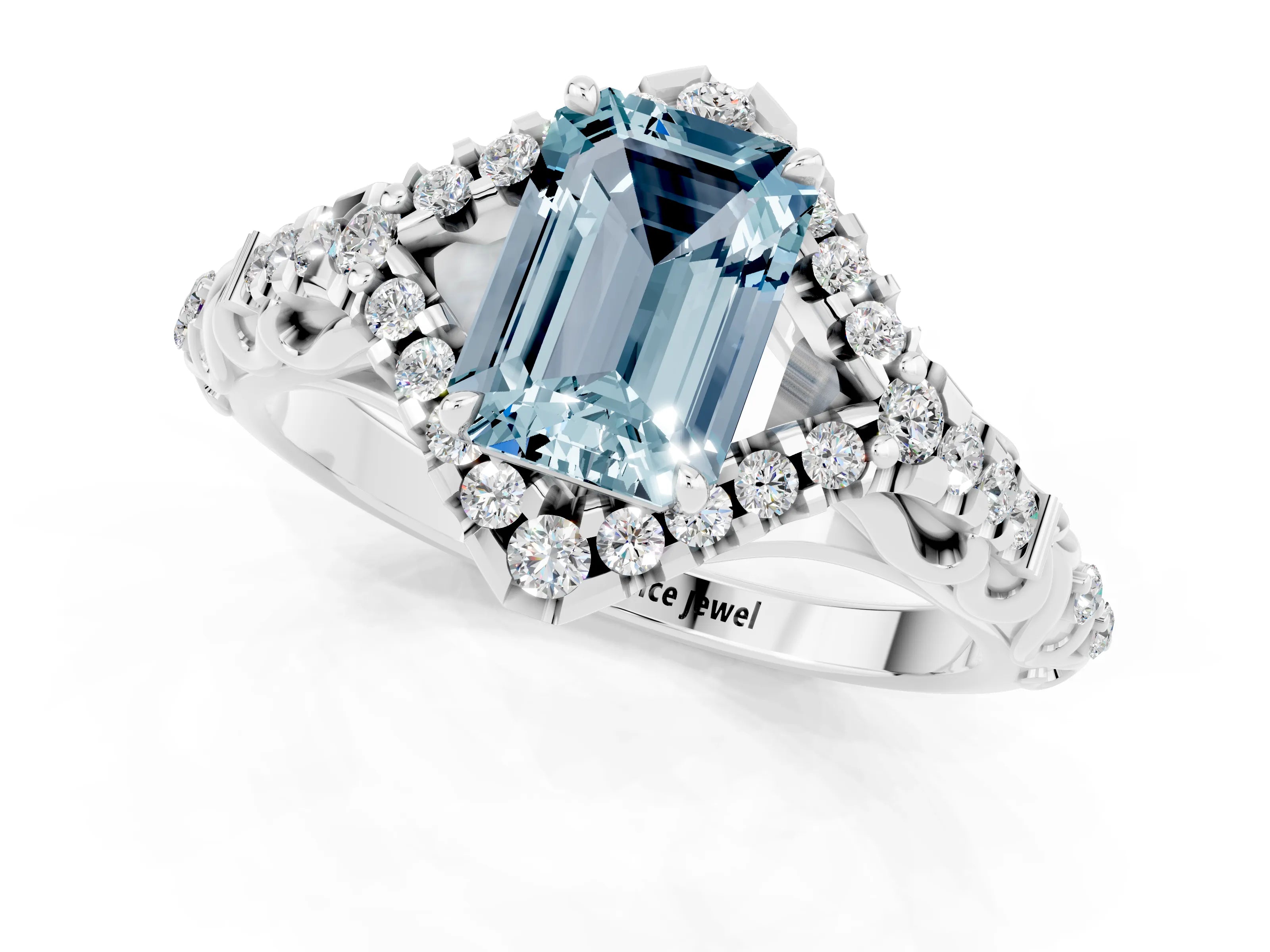White gold Emerald Cut Aquamarine Solitaire Ring with Hidden Halo and Pavé Band_13