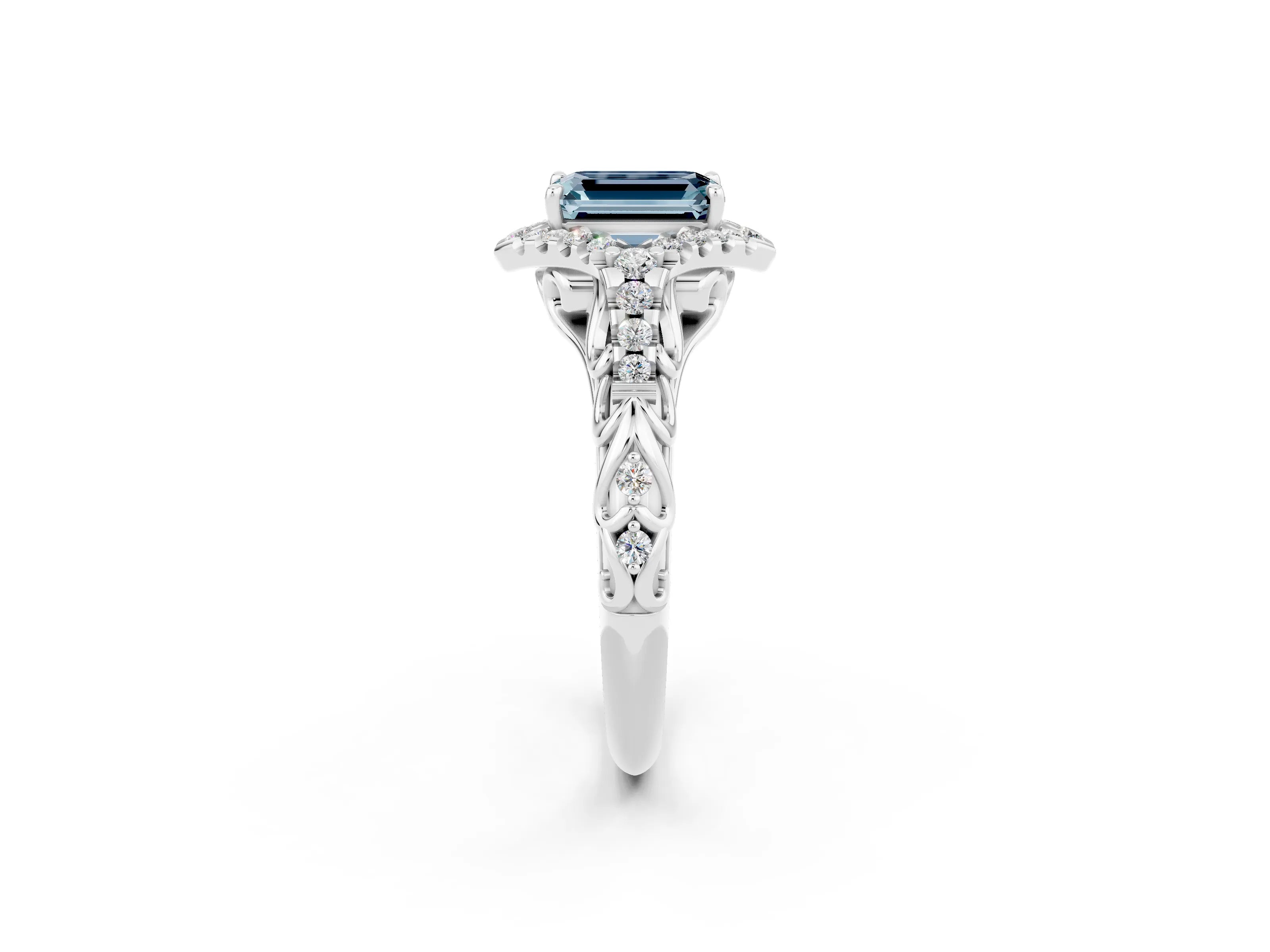 White gold Emerald Cut Aquamarine Solitaire Ring with Hidden Halo and Pavé Band_14