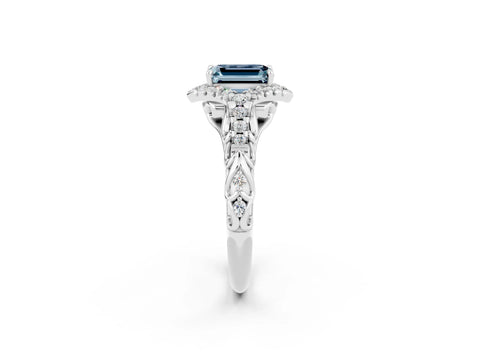 White gold Emerald Cut Aquamarine Solitaire Ring with Hidden Halo and Pavé Band_14