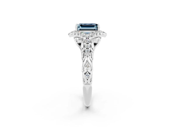 White gold Emerald Cut Aquamarine Solitaire Ring with Hidden Halo and Pavé Band