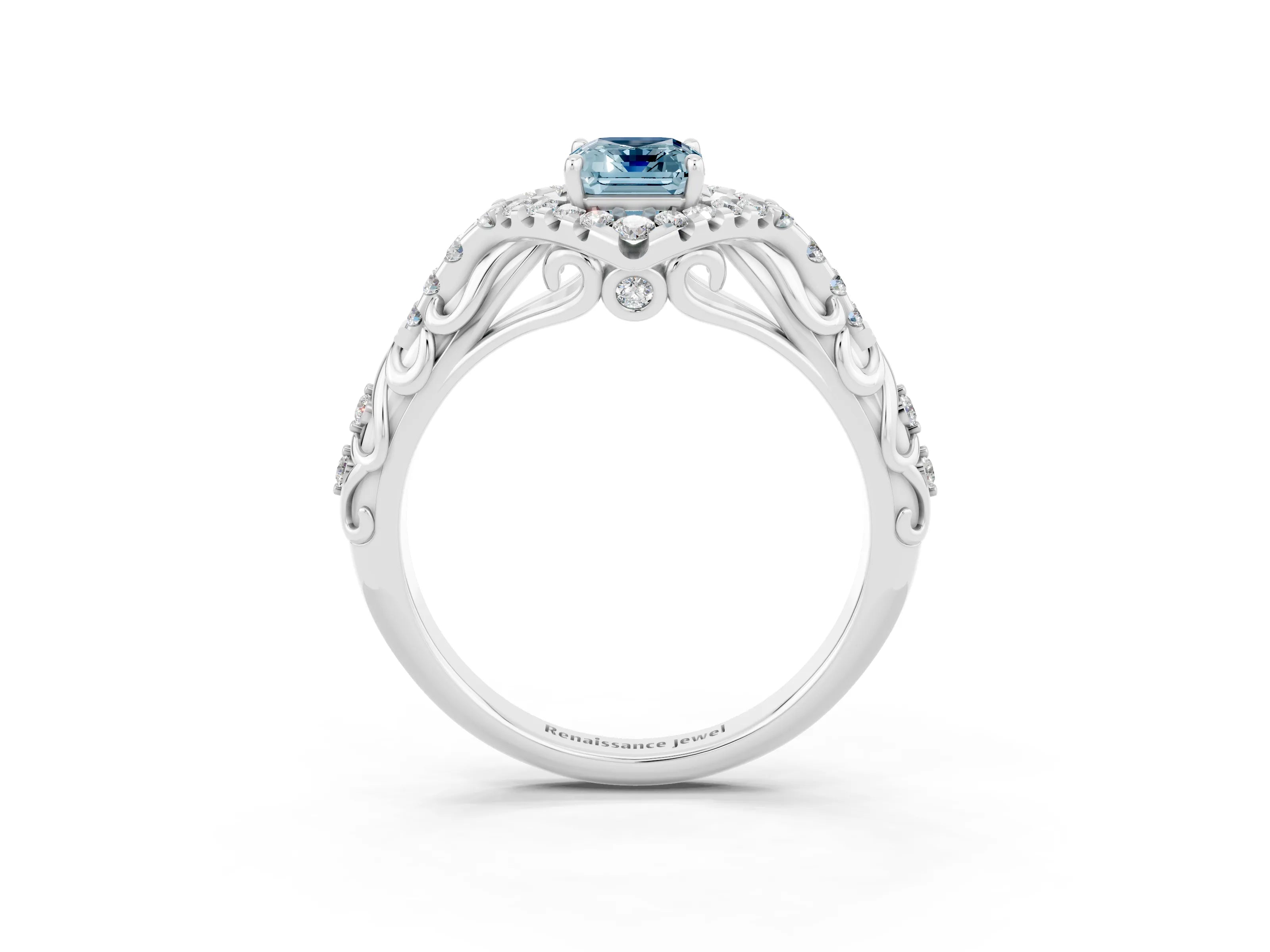 White gold Emerald Cut Aquamarine Solitaire Ring with Hidden Halo and Pavé Band_15