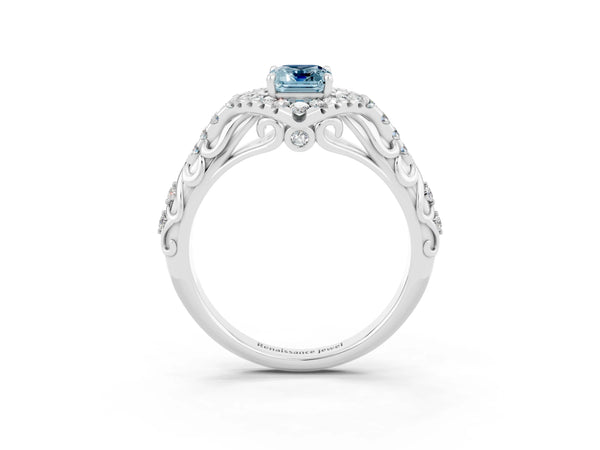 Platinum Emerald Cut Aquamarine Solitaire Ring with Hidden Halo and Pavé Band