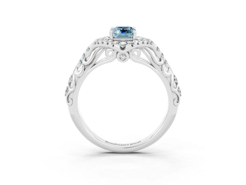 White gold Emerald Cut Aquamarine Solitaire Ring with Hidden Halo and Pavé Band_15
