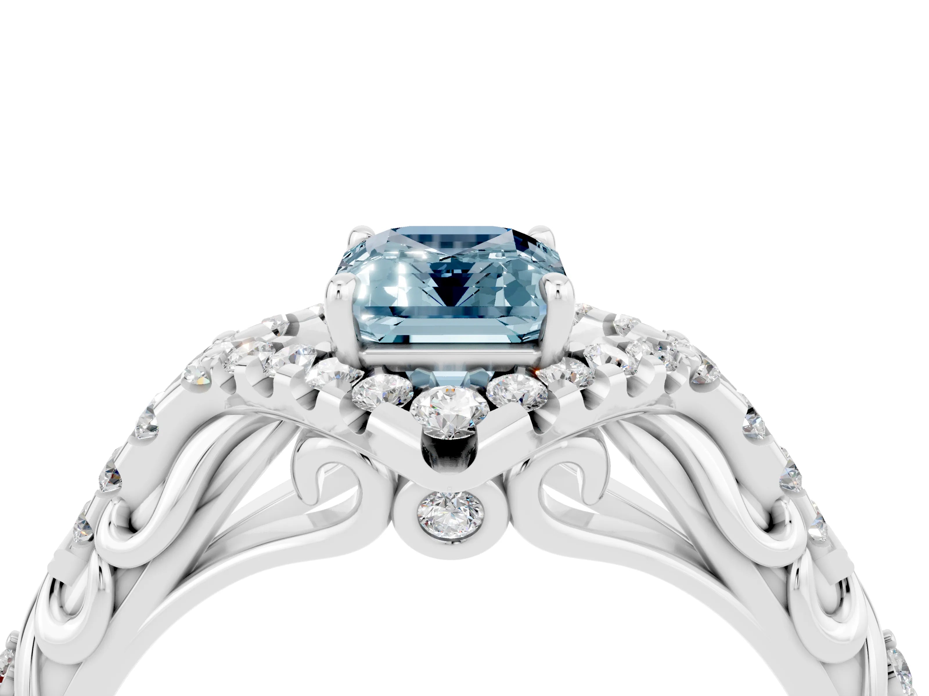 White gold Emerald Cut Aquamarine Solitaire Ring with Hidden Halo and Pavé Band_16