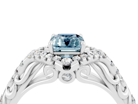 White gold Emerald Cut Aquamarine Solitaire Ring with Hidden Halo and Pavé Band_16