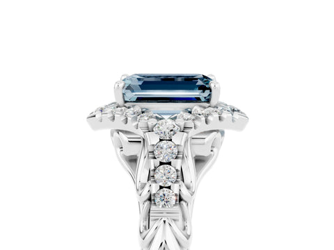 White gold Emerald Cut Aquamarine Solitaire Ring with Hidden Halo and Pavé Band_17