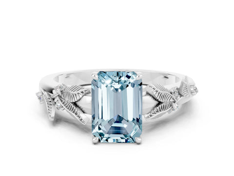 White gold Emerald Cut Aquamarine Solitaire Ring with Leaf Motif Band and Four-Prong Setting_12