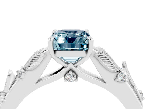 White gold Emerald Cut Aquamarine Solitaire Ring with Leaf Motif Band and Four-Prong Setting_16