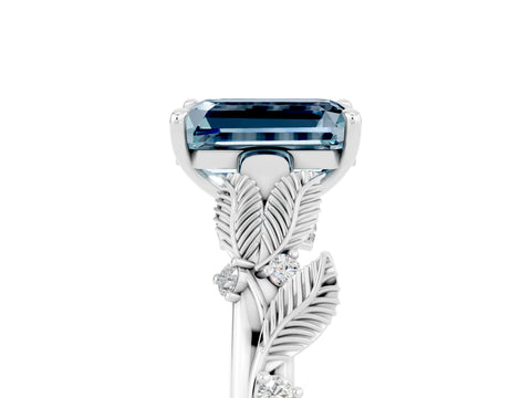 White gold Emerald Cut Aquamarine Solitaire Ring with Leaf Motif Band and Four-Prong Setting_17