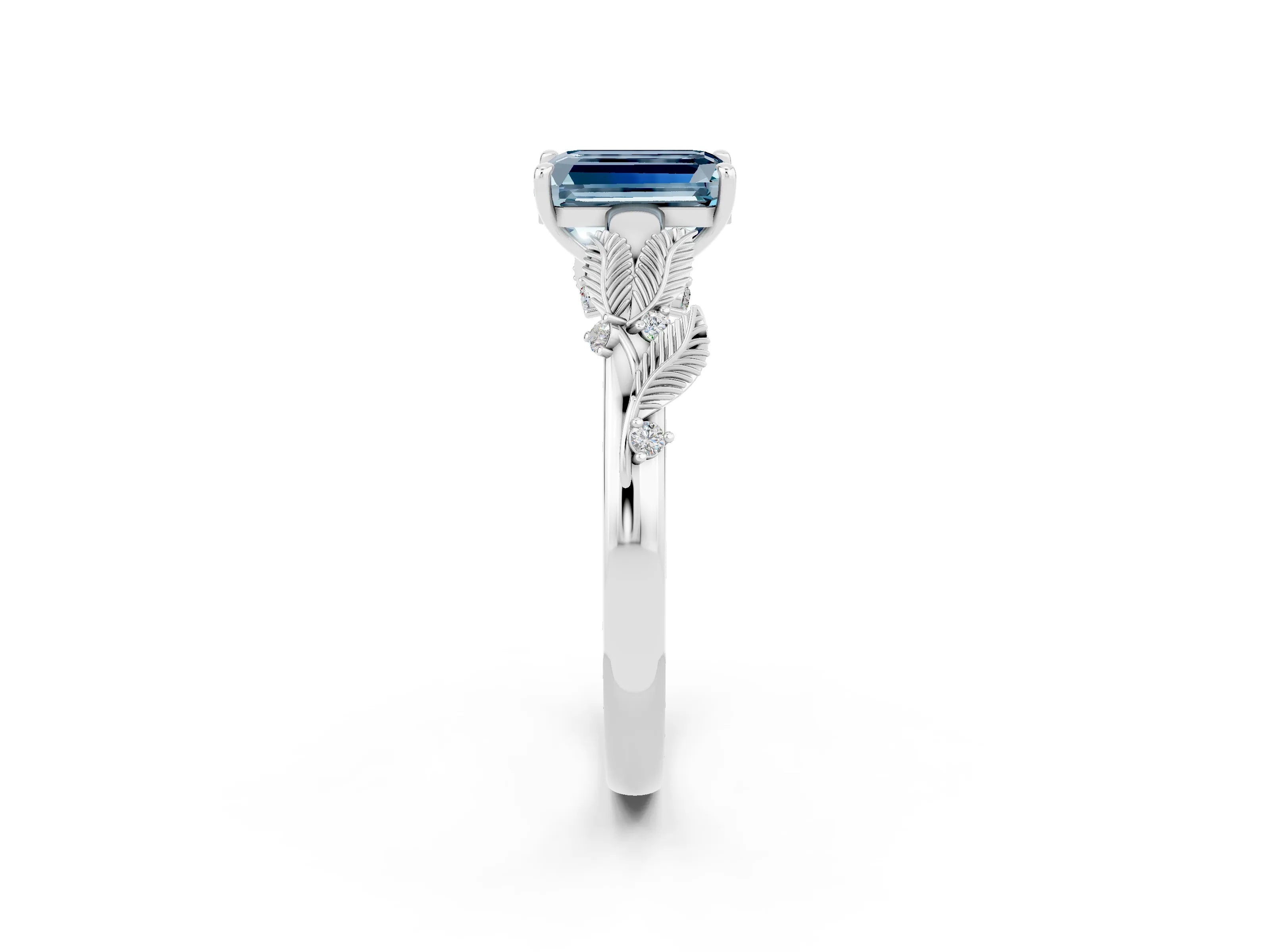 White gold Emerald Cut Aquamarine Solitaire Ring with Leaf Motif Band and Four-Prong Setting_2