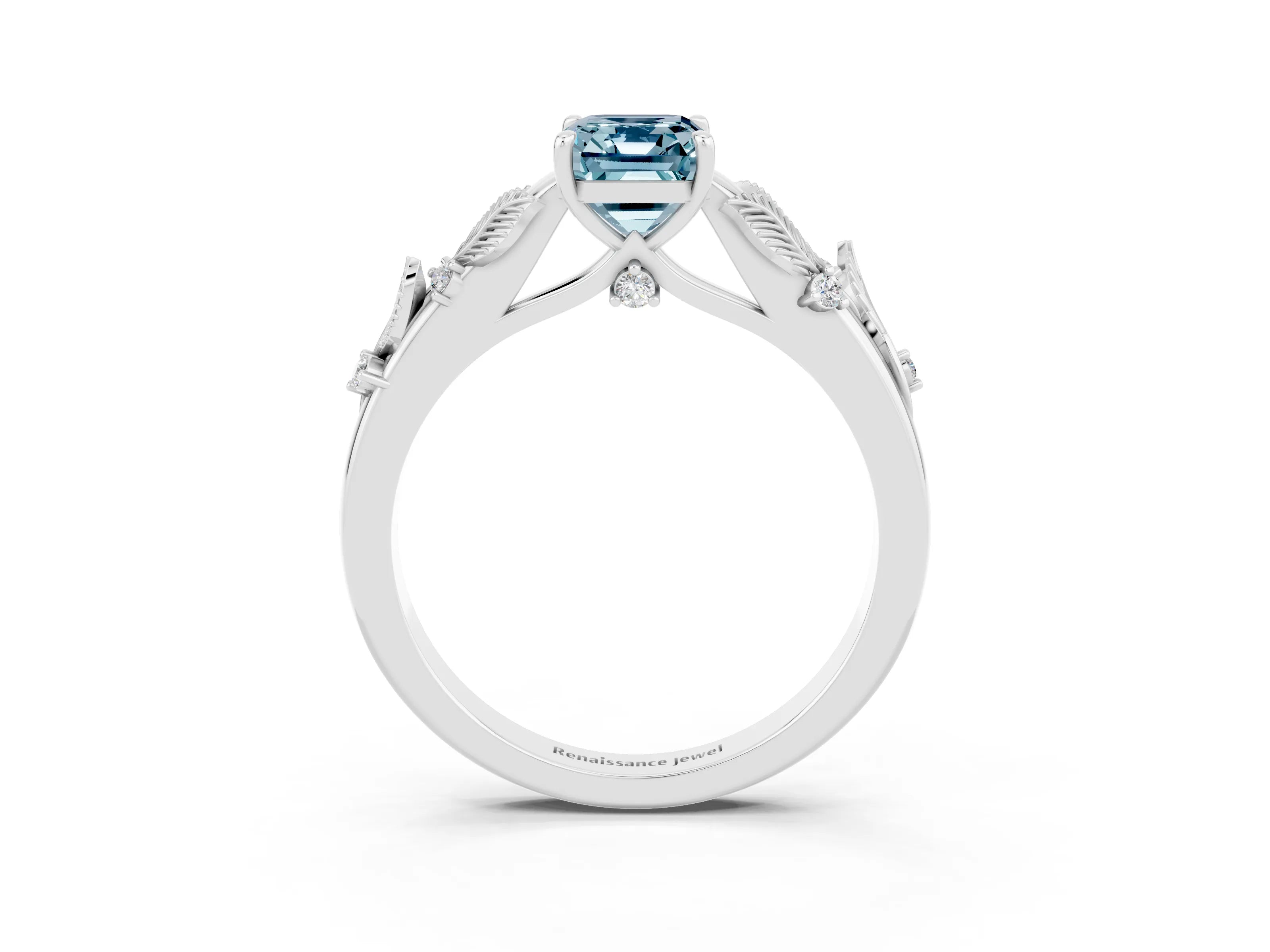 White gold Emerald Cut Aquamarine Solitaire Ring with Leaf Motif Band and Four-Prong Setting_3