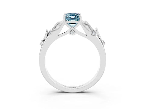 White gold Emerald Cut Aquamarine Solitaire Ring with Leaf Motif Band and Four-Prong Setting_3