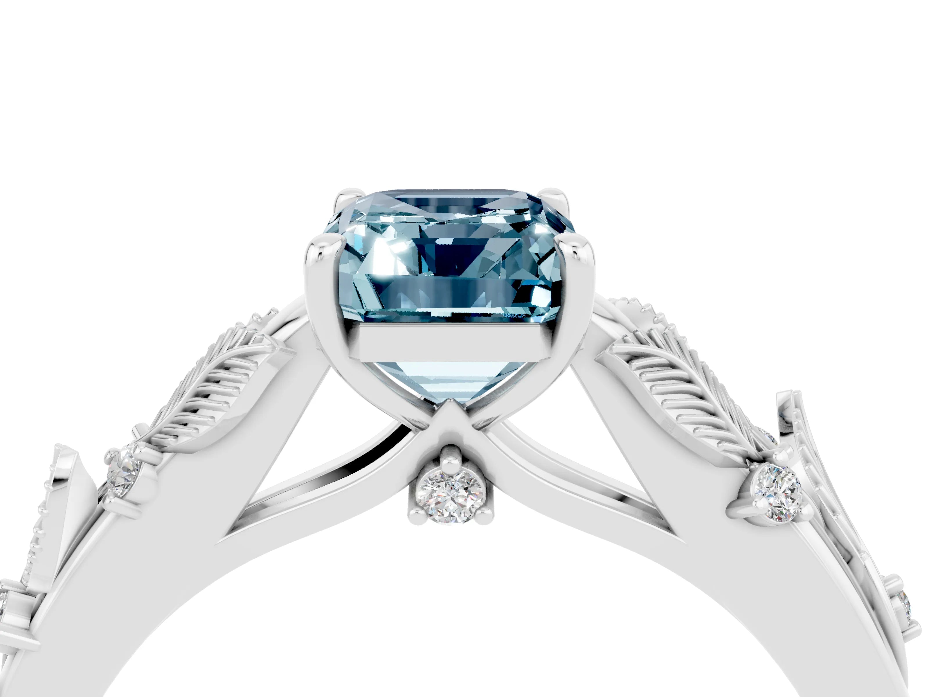 White gold Emerald Cut Aquamarine Solitaire Ring with Leaf Motif Band and Four-Prong Setting_4