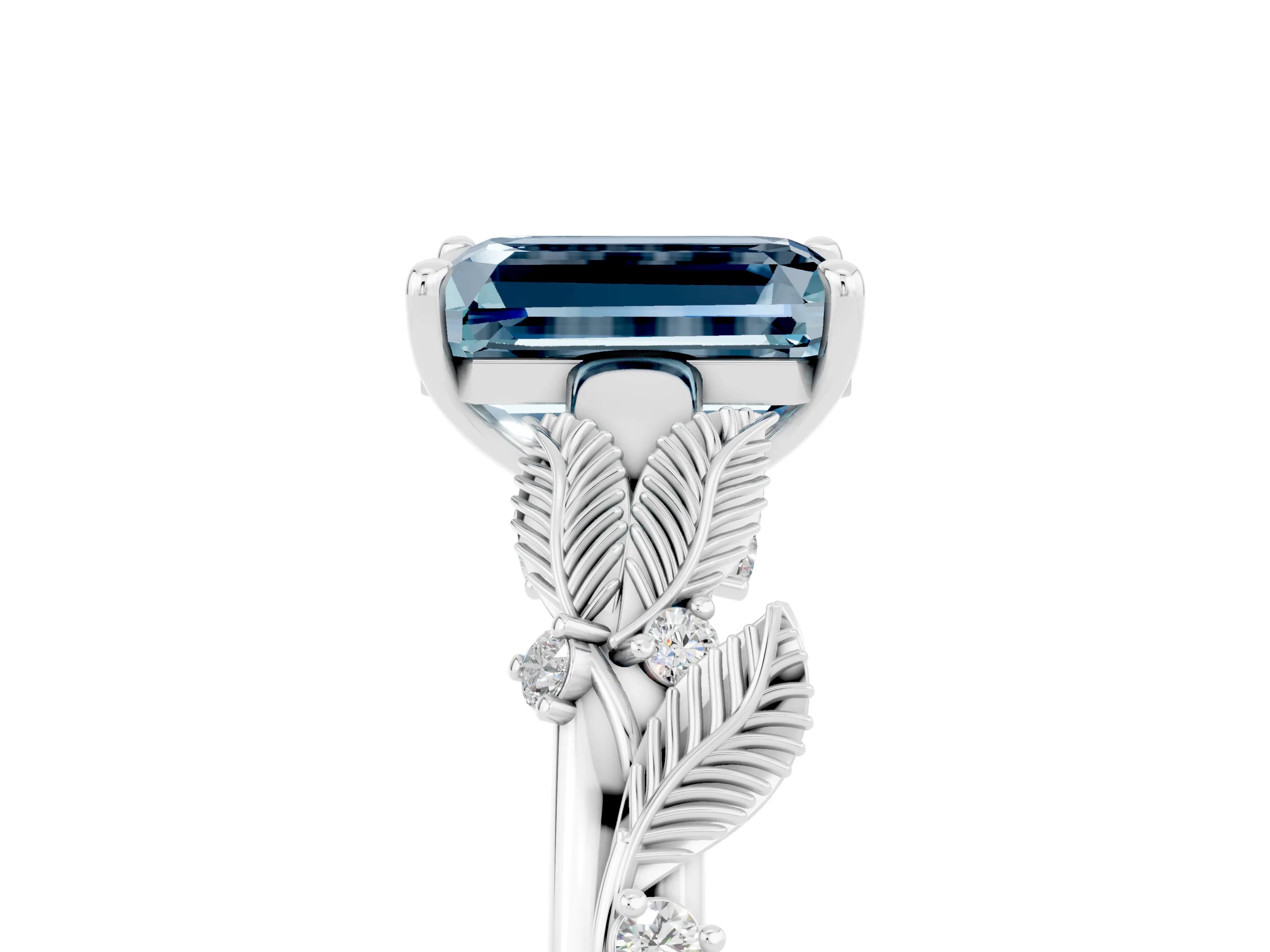 White gold Emerald Cut Aquamarine Solitaire Ring with Leaf Motif Band and Four-Prong Setting_5