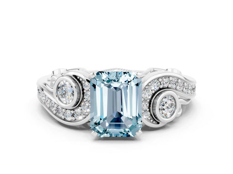 White gold Emerald Cut Aquamarine Solitaire Ring with Milgrain Pavé Band and Four-Prong Setting_12