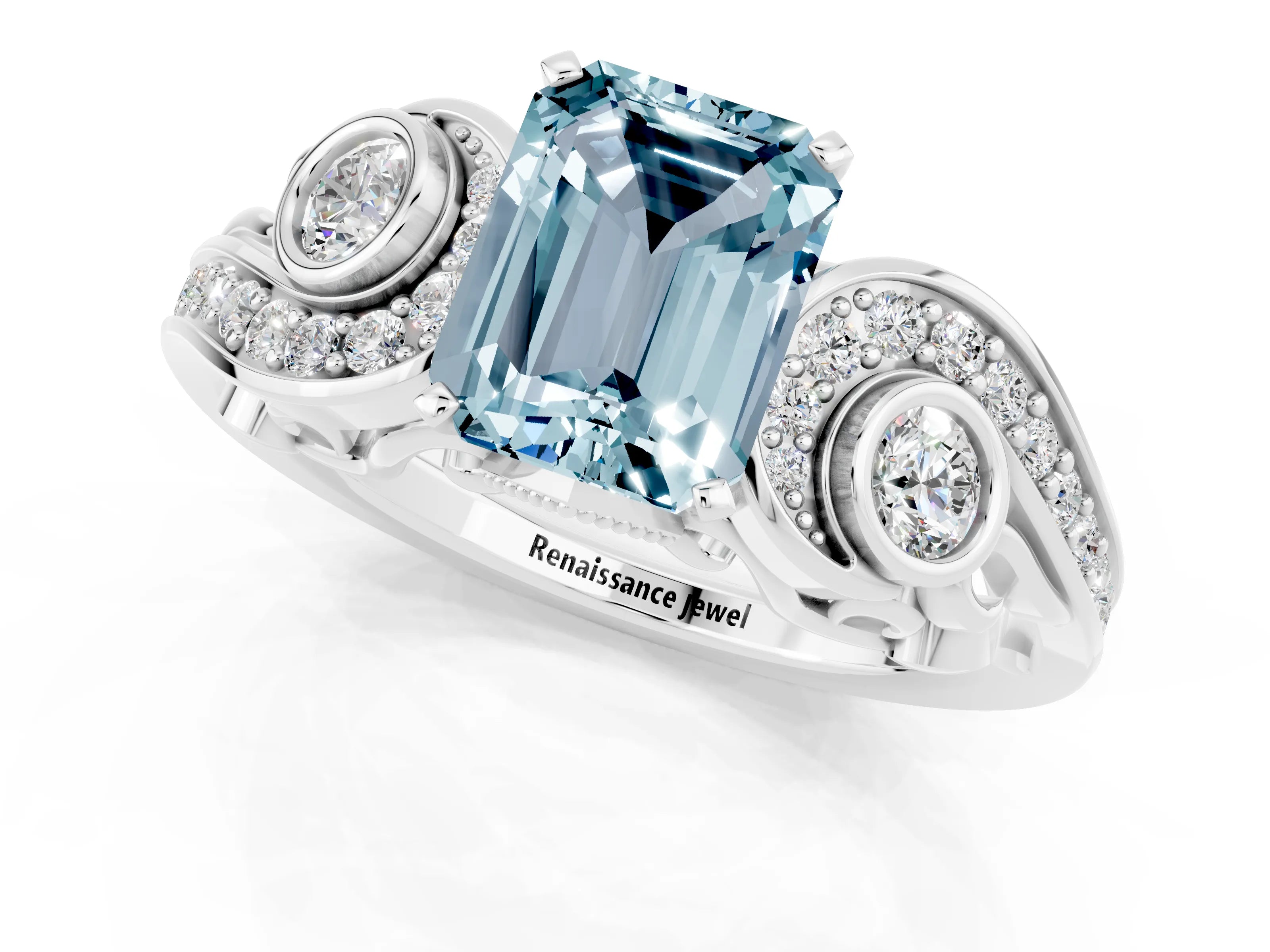 White gold Emerald Cut Aquamarine Solitaire Ring with Milgrain Pavé Band and Four-Prong Setting_13