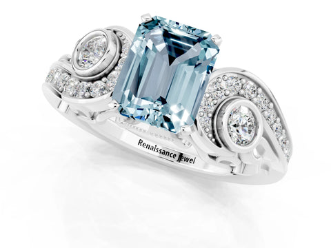 White gold Emerald Cut Aquamarine Solitaire Ring with Milgrain Pavé Band and Four-Prong Setting_13
