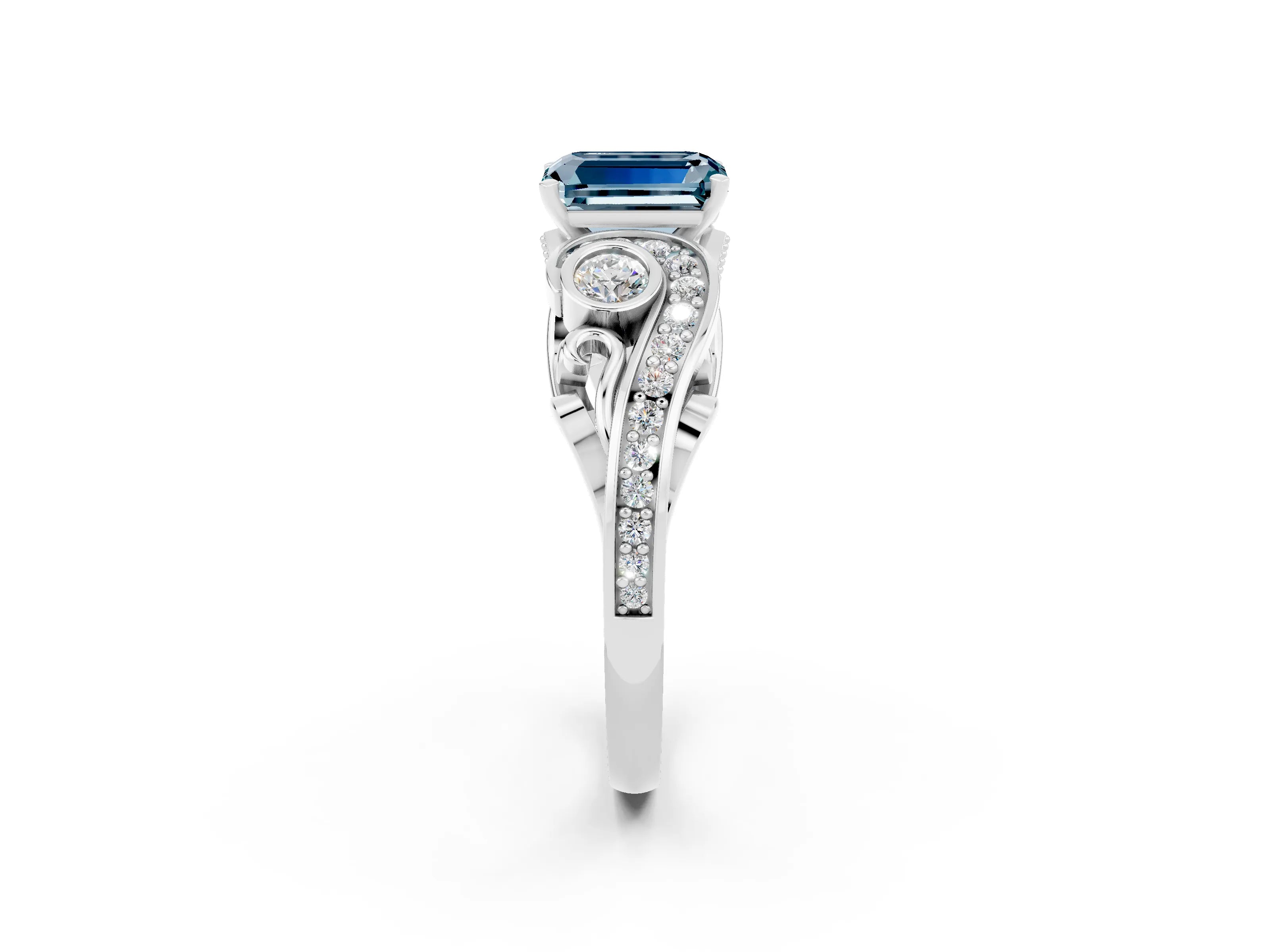 White gold Emerald Cut Aquamarine Solitaire Ring with Milgrain Pavé Band and Four-Prong Setting_14
