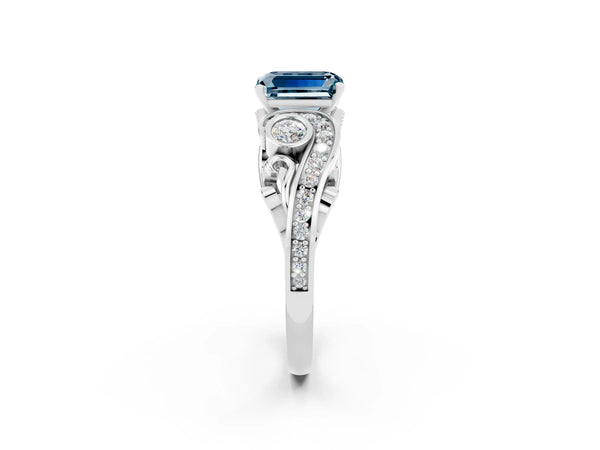 Silver Emerald Cut Aquamarine Solitaire Ring with Milgrain Pavé Band and Four-Prong Setting