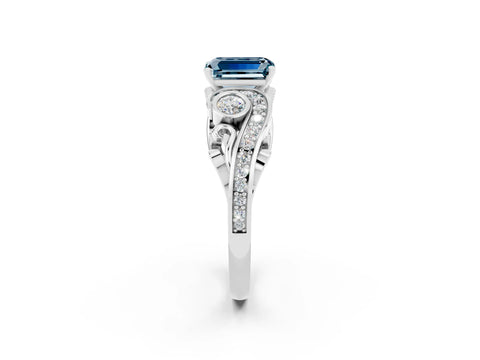 White gold Emerald Cut Aquamarine Solitaire Ring with Milgrain Pavé Band and Four-Prong Setting_14