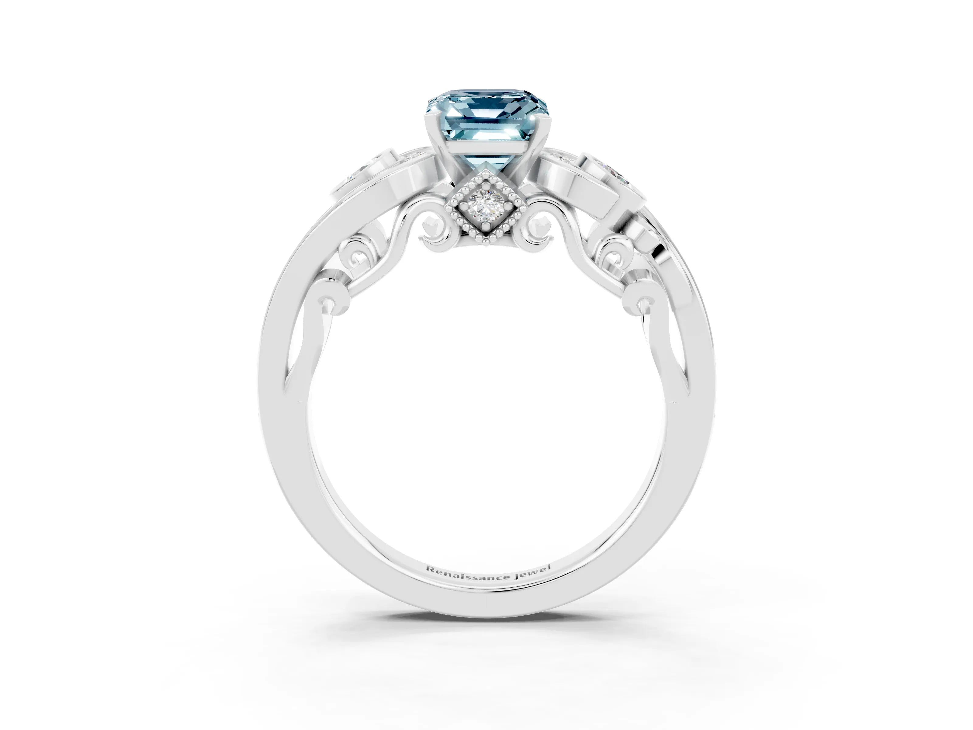White gold Emerald Cut Aquamarine Solitaire Ring with Milgrain Pavé Band and Four-Prong Setting_15
