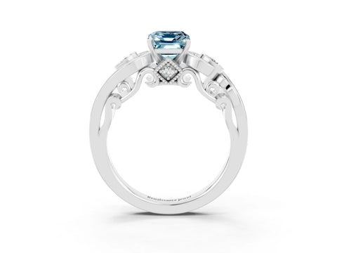 White gold Emerald Cut Aquamarine Solitaire Ring with Milgrain Pavé Band and Four-Prong Setting_15