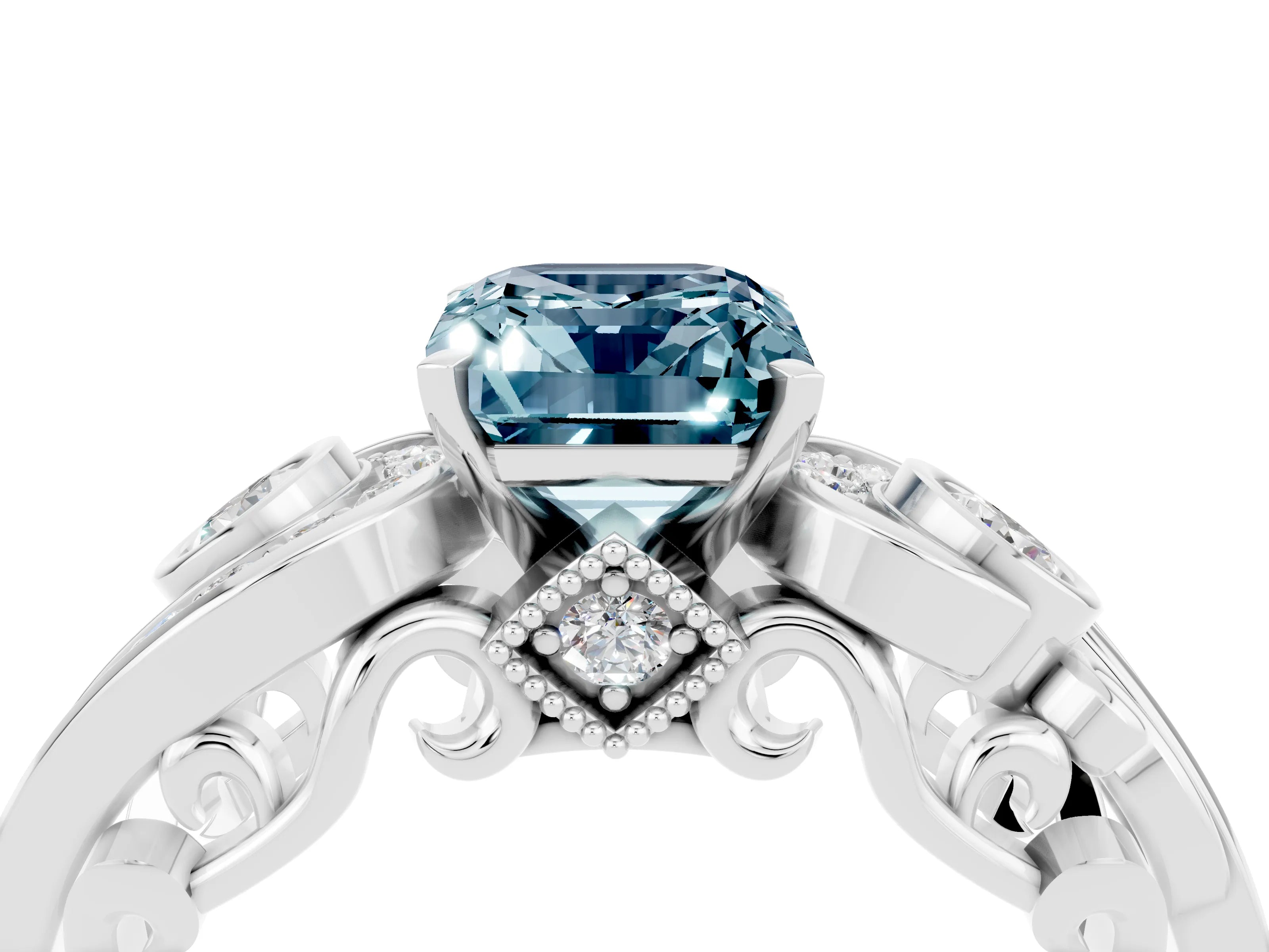 White gold Emerald Cut Aquamarine Solitaire Ring with Milgrain Pavé Band and Four-Prong Setting_16
