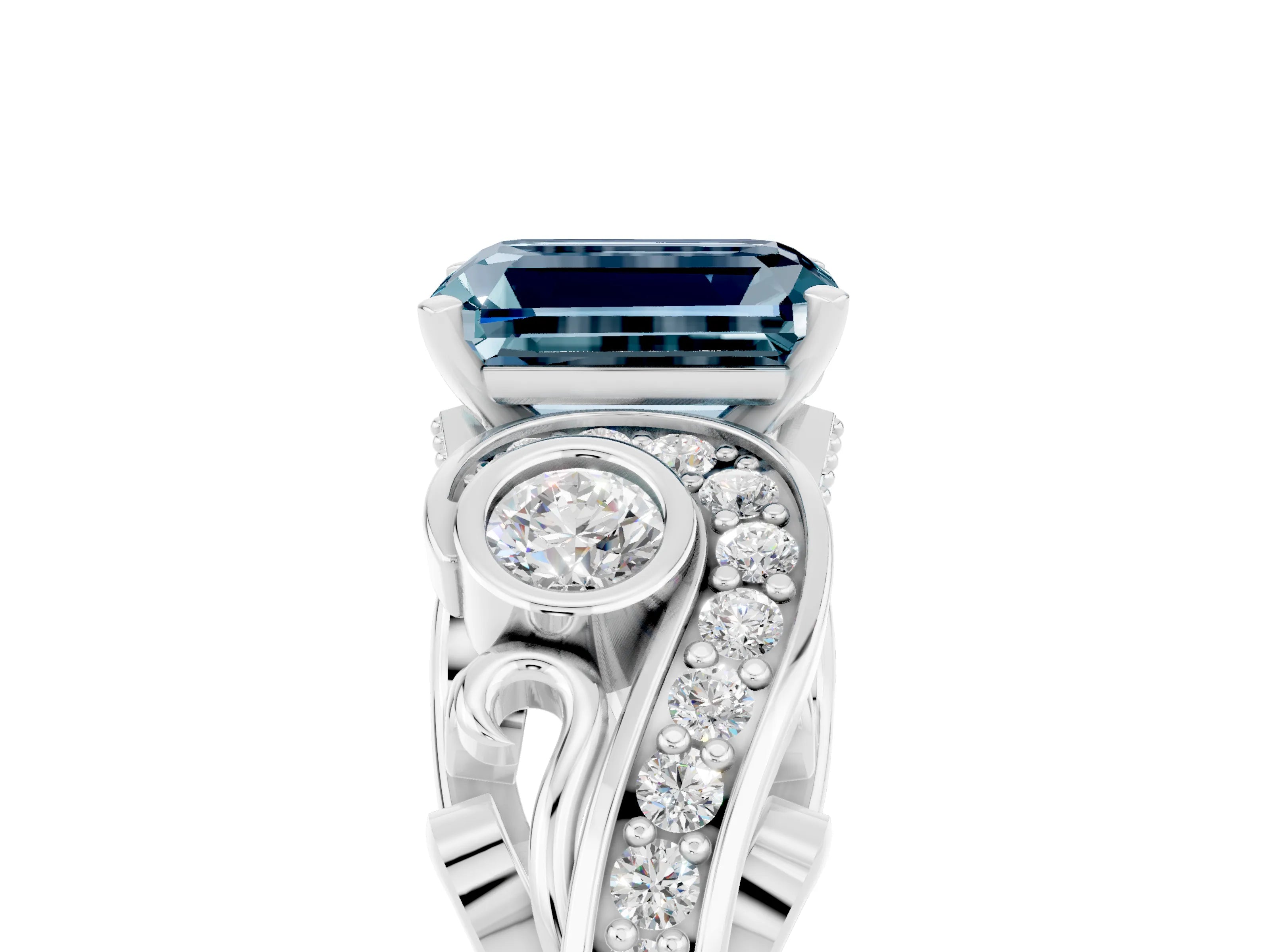 White gold Emerald Cut Aquamarine Solitaire Ring with Milgrain Pavé Band and Four-Prong Setting_17