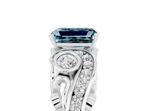 White gold Emerald Cut Aquamarine Solitaire Ring with Milgrain Pavé Band and Four-Prong Setting_17