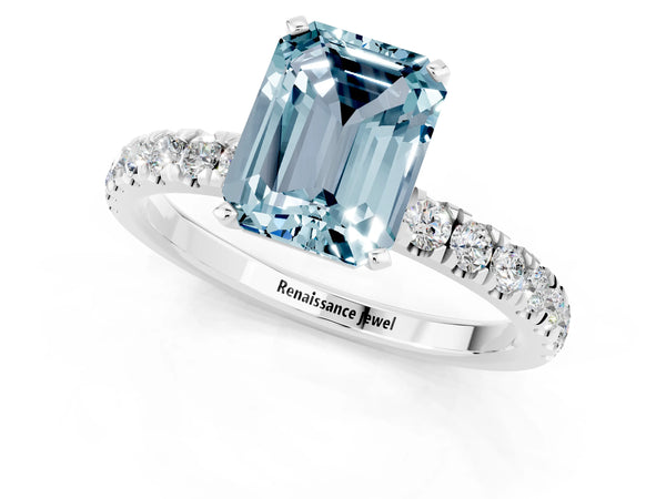 White gold Emerald Cut Aquamarine Solitaire Ring with Pavé Accents and Four-Prong Setting
