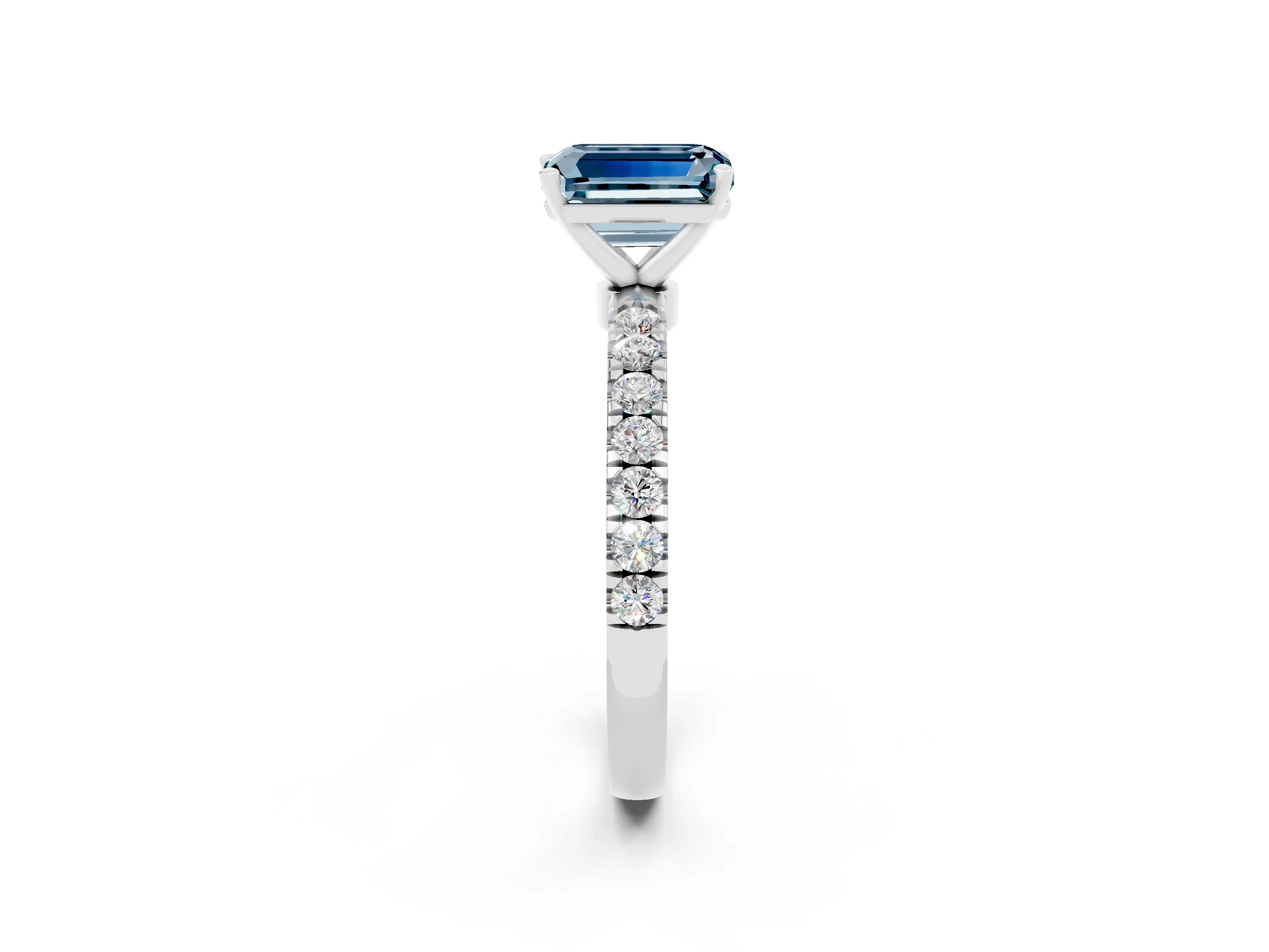 White gold Emerald Cut Aquamarine Solitaire Ring with Pavé Accents and Four-Prong Setting_2