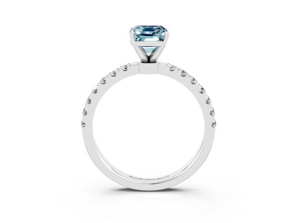 Silver Emerald Cut Aquamarine Solitaire Ring with Pavé Accents and Four-Prong Setting