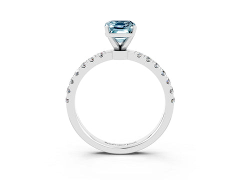 White gold Emerald Cut Aquamarine Solitaire Ring with Pavé Accents and Four-Prong Setting_3