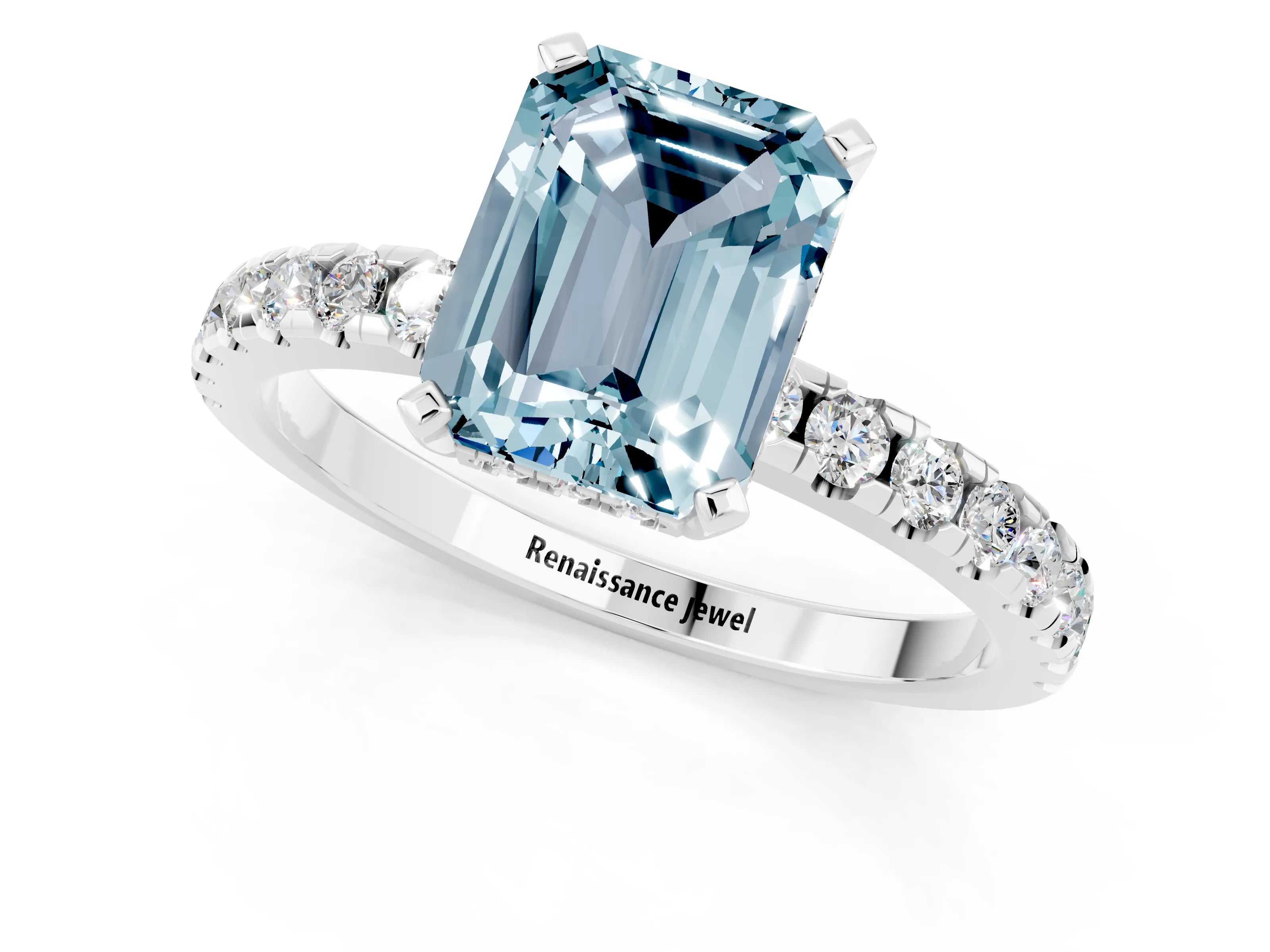 White gold Emerald Cut Aquamarine Solitaire Ring with Pavé Band and Four-Prong Setting_25
