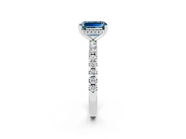 White gold Emerald Cut Aquamarine Solitaire Ring with Round  Pavé Band and Four-Prong Setting